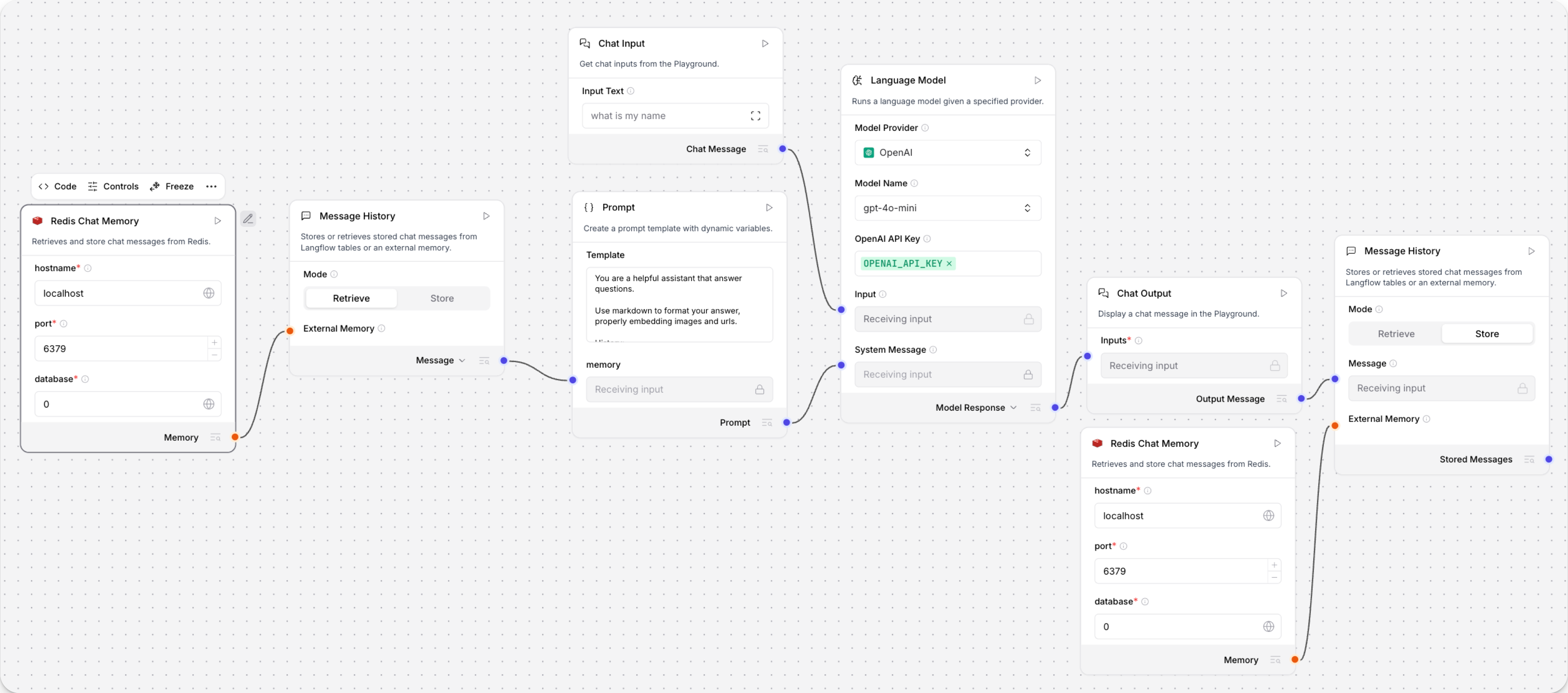 A flow with Message History and Redis Chat Memory components