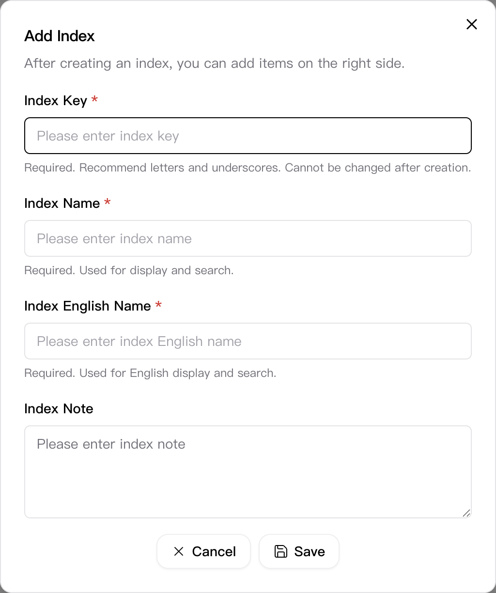 Add Index dialog