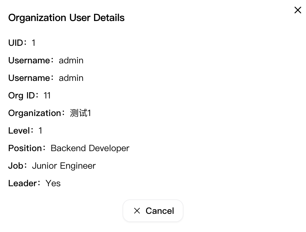 Organization User Details dialog