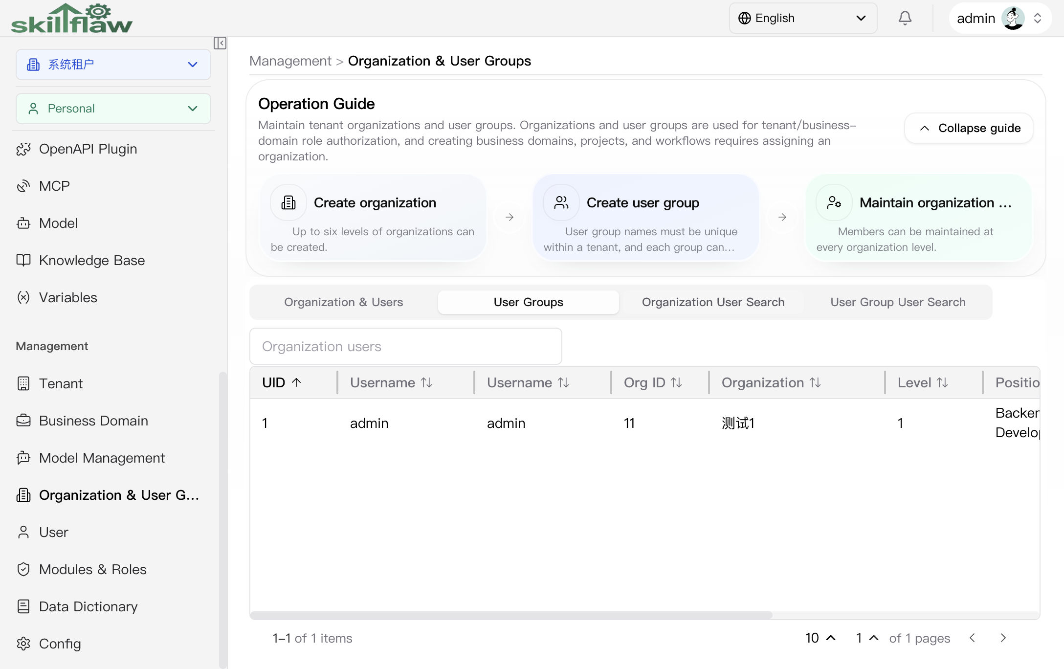 Organization User Search tab