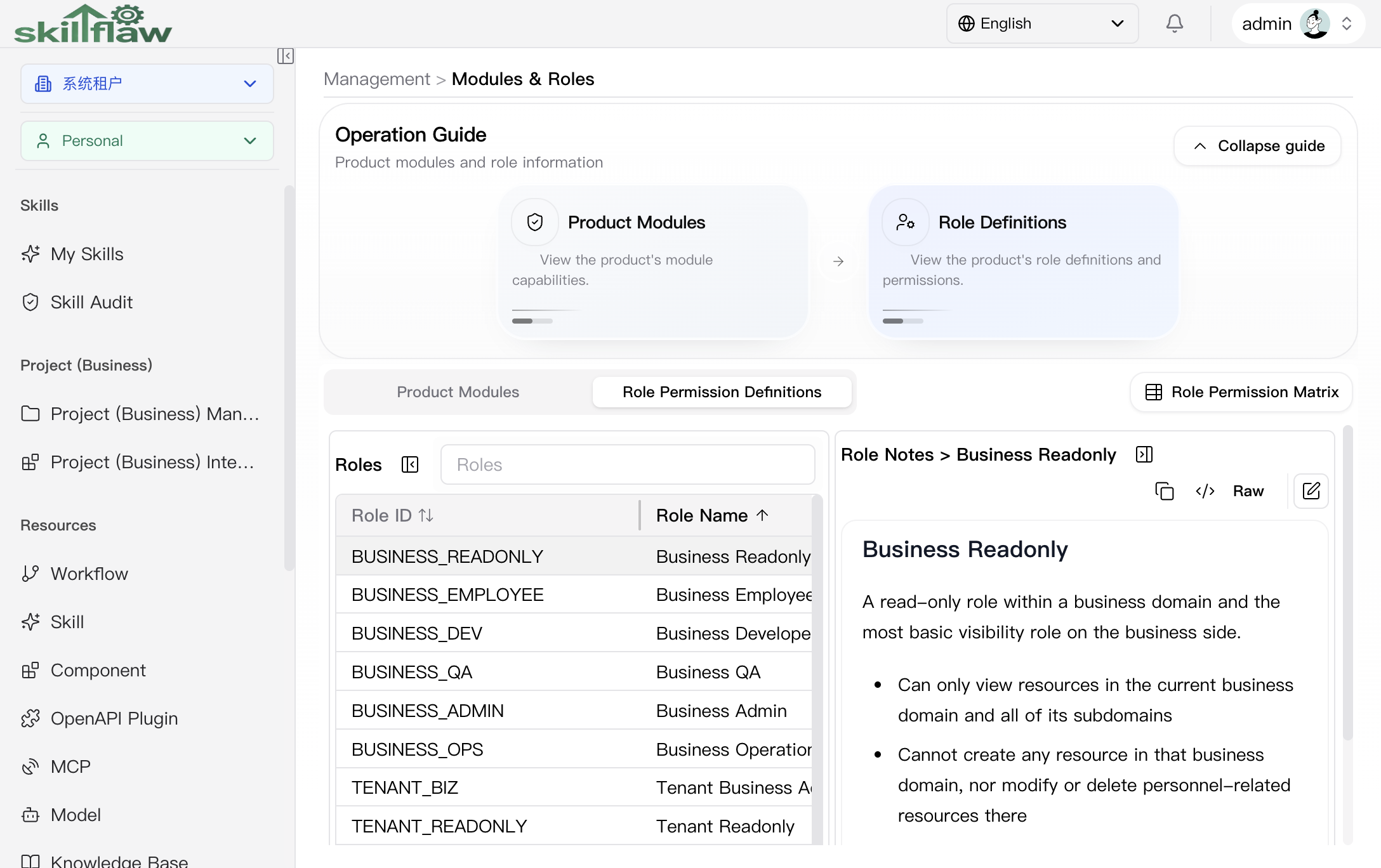 Role Permission Definitions tab