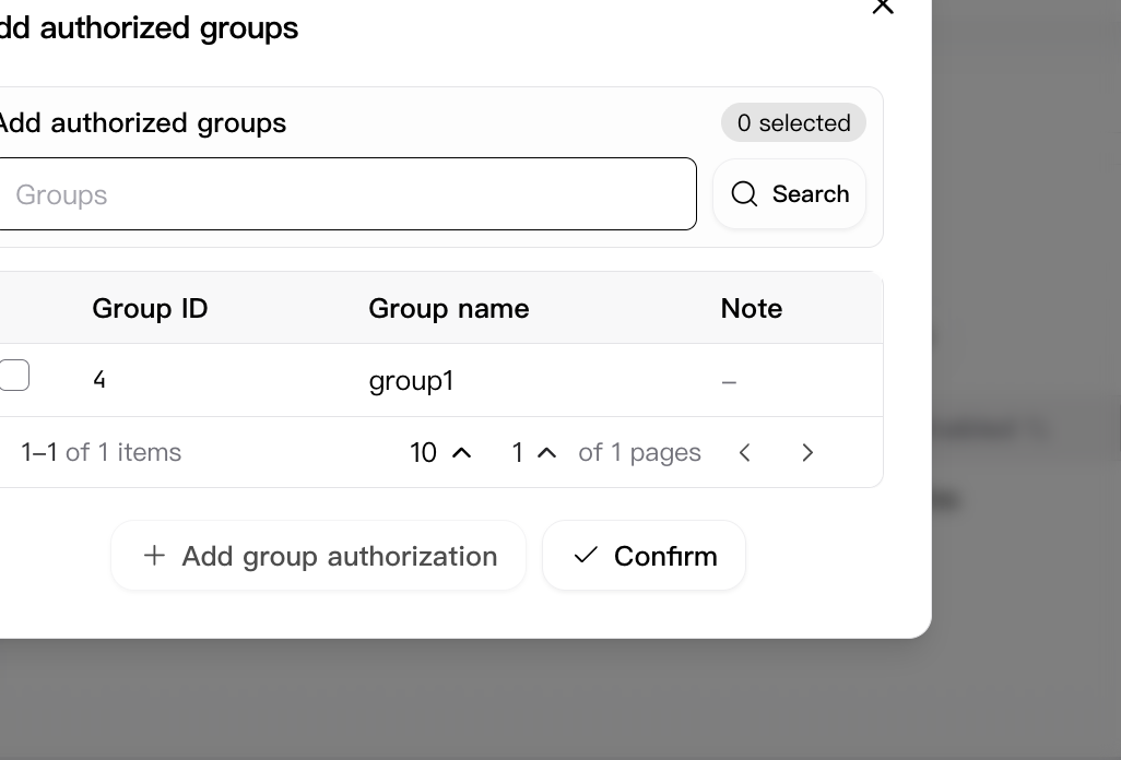 Add authorized groups dialog