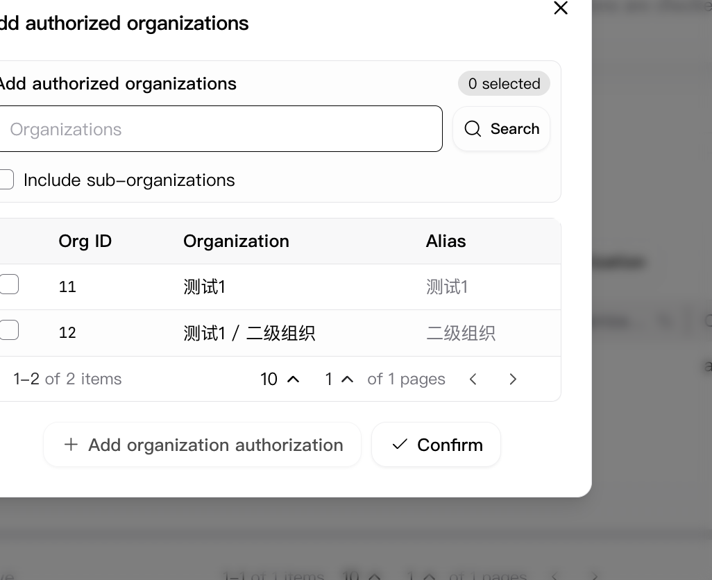 Add authorized organizations dialog
