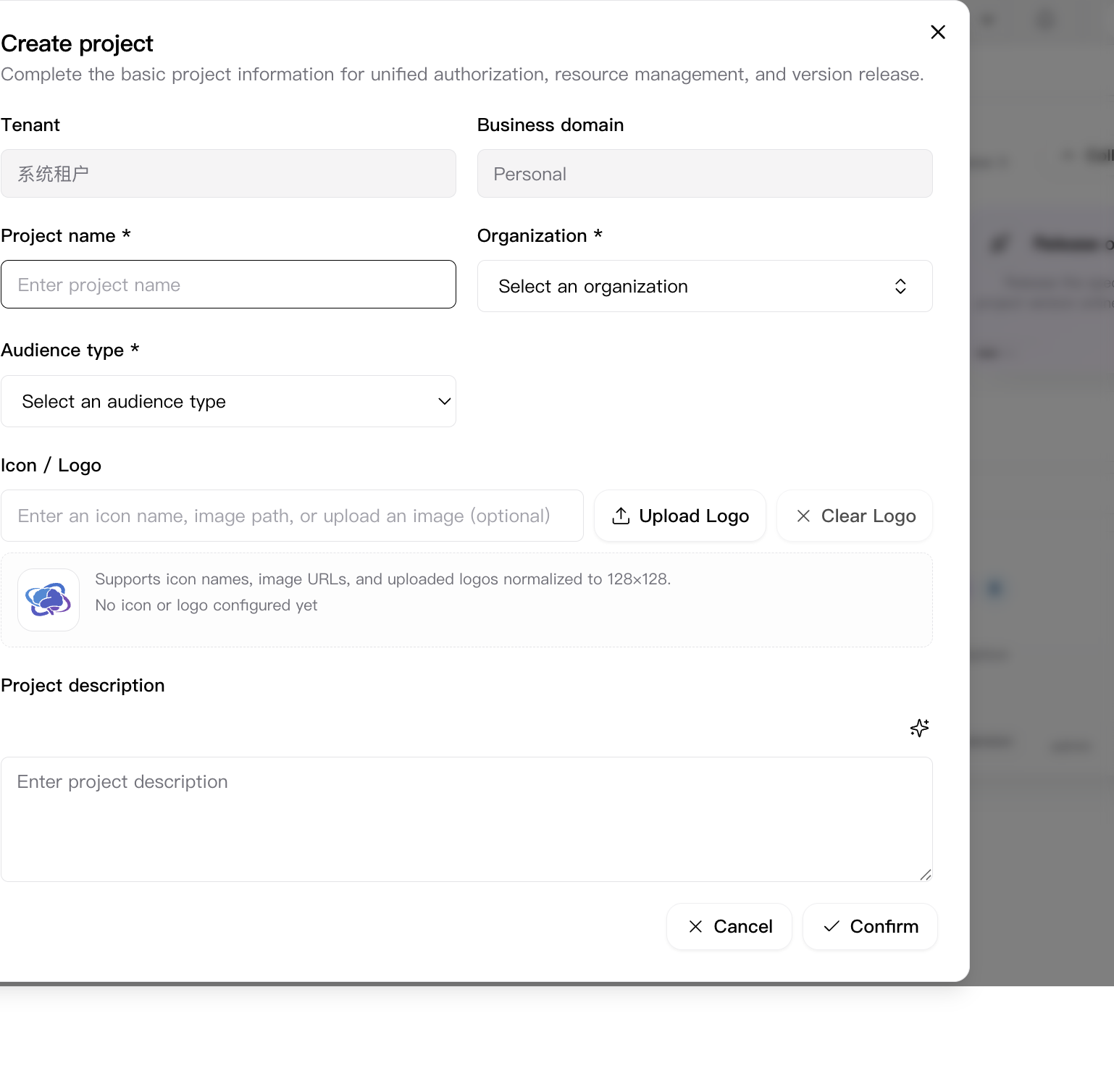 Create project dialog