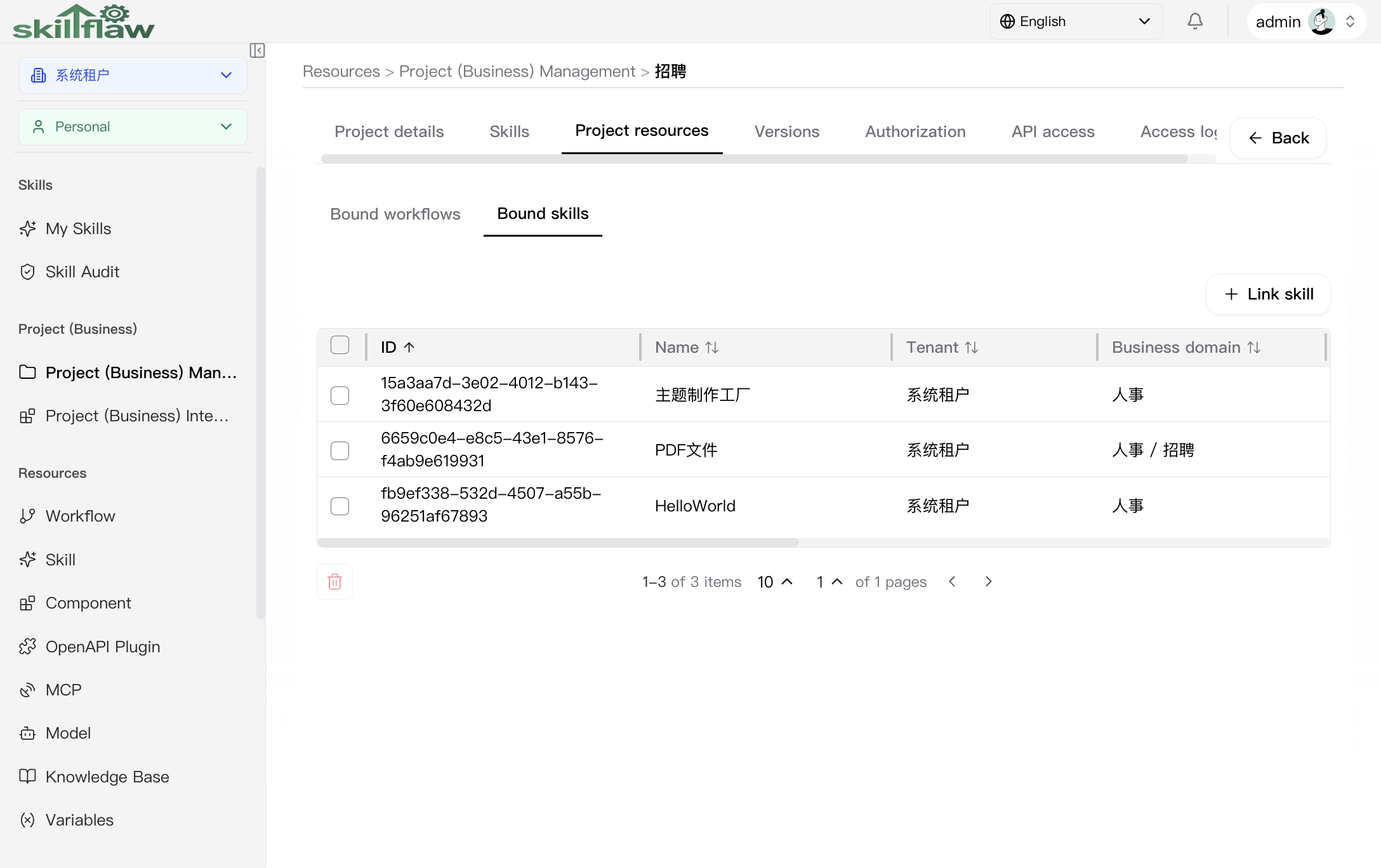 Project resources bound skills sub-tab