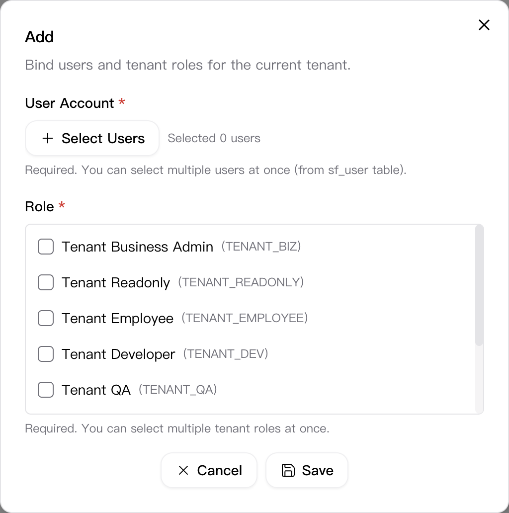 Add Tenant User Role dialog