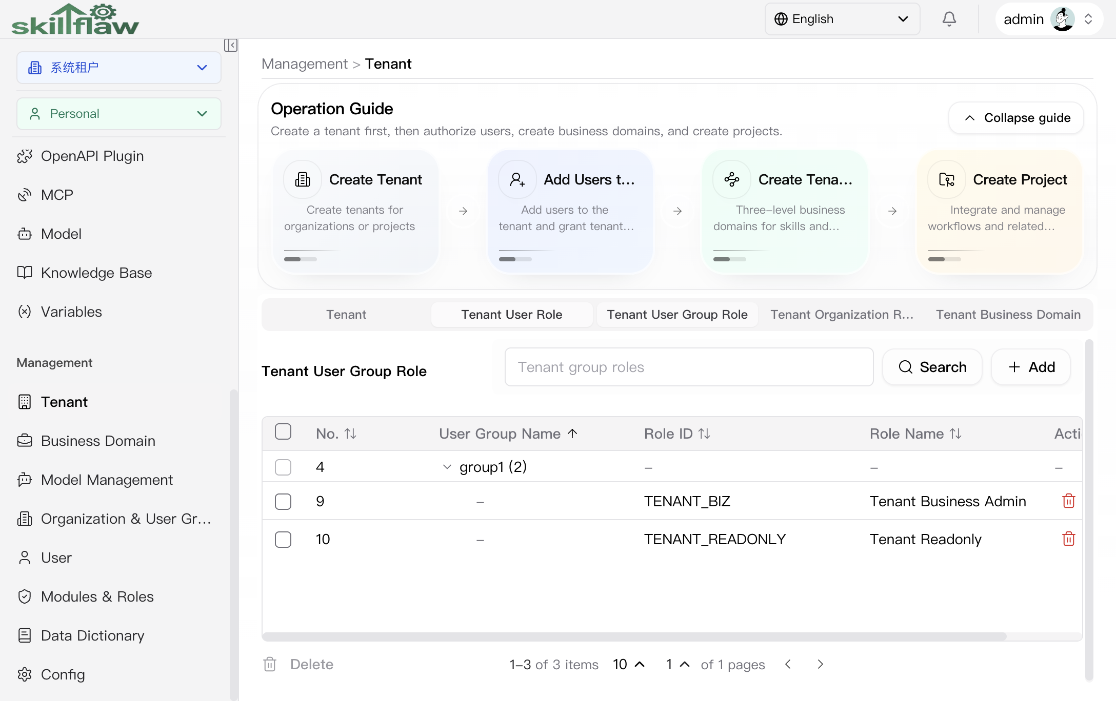Tenant User Group Role tab