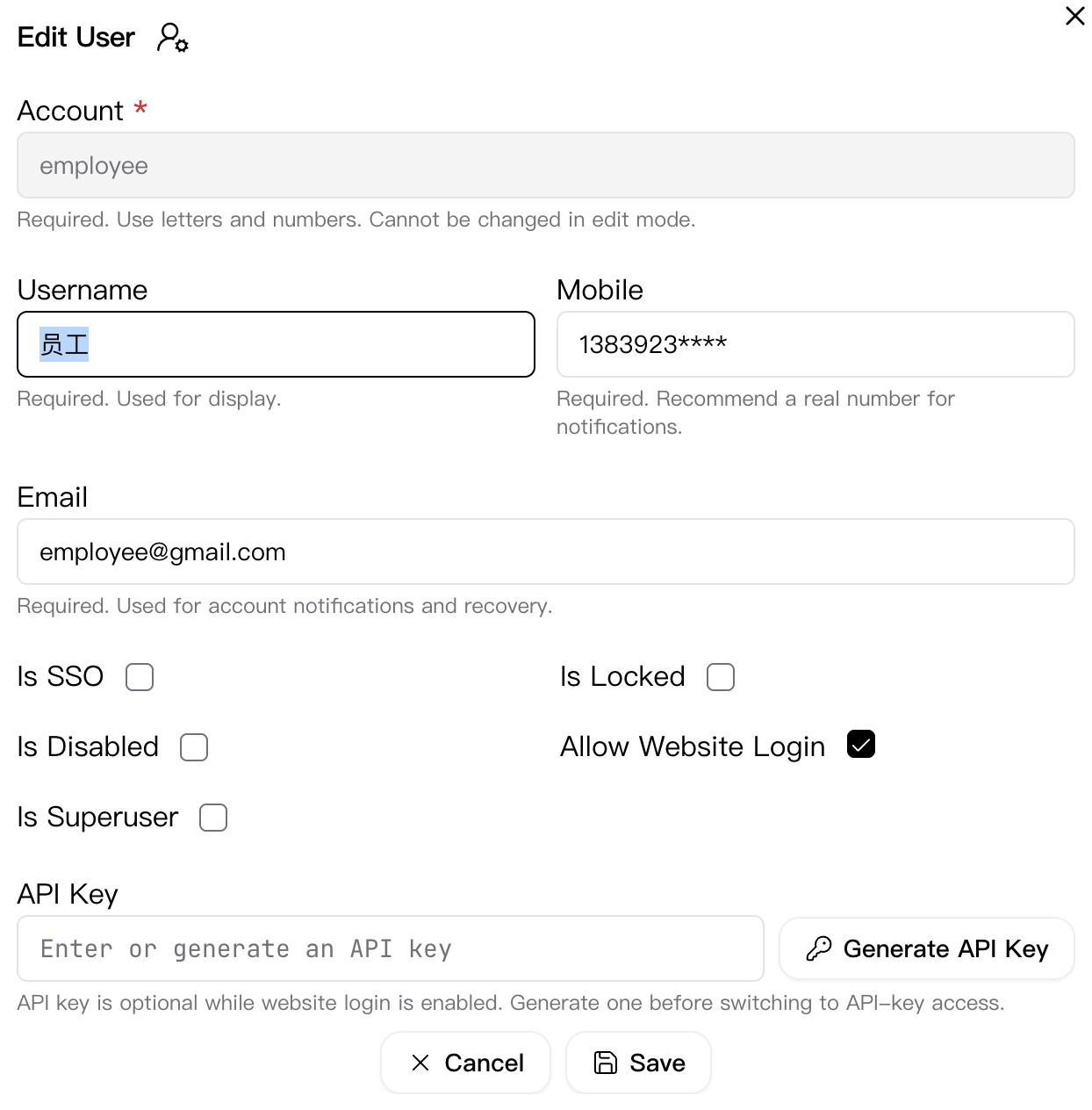 Edit User dialog