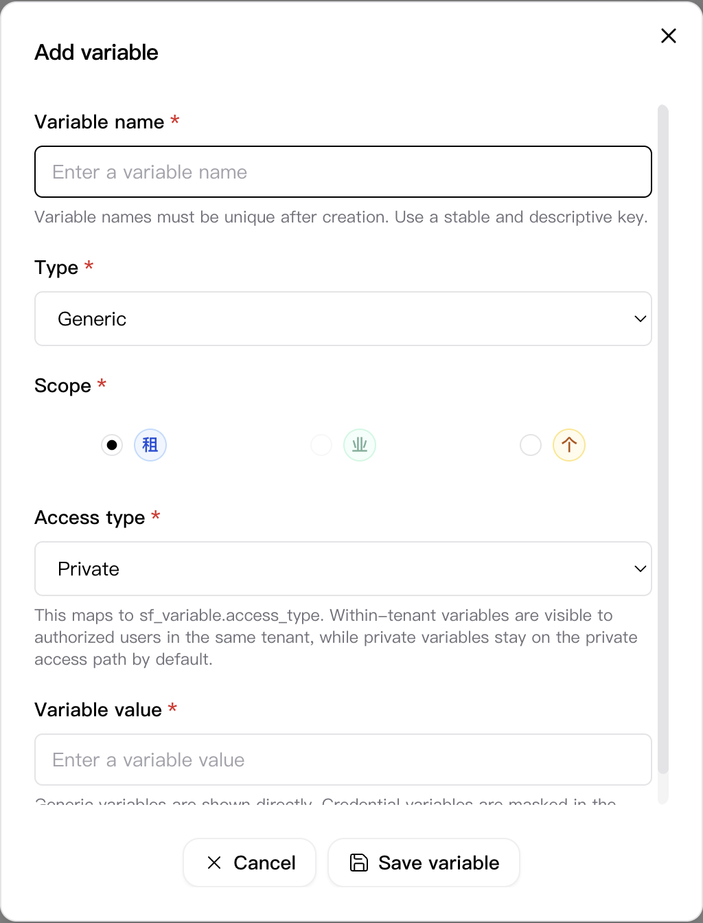 Add variable dialog