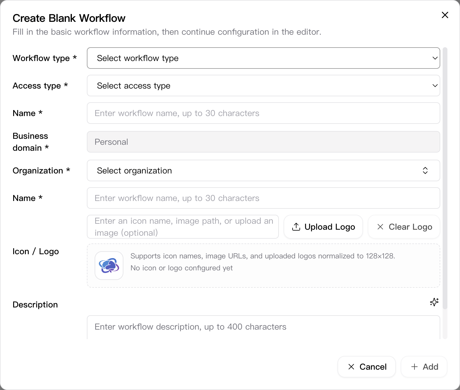 Create blank workflow dialog