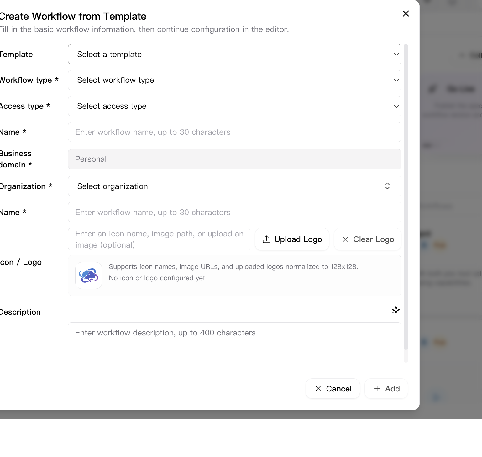 Create from template dialog