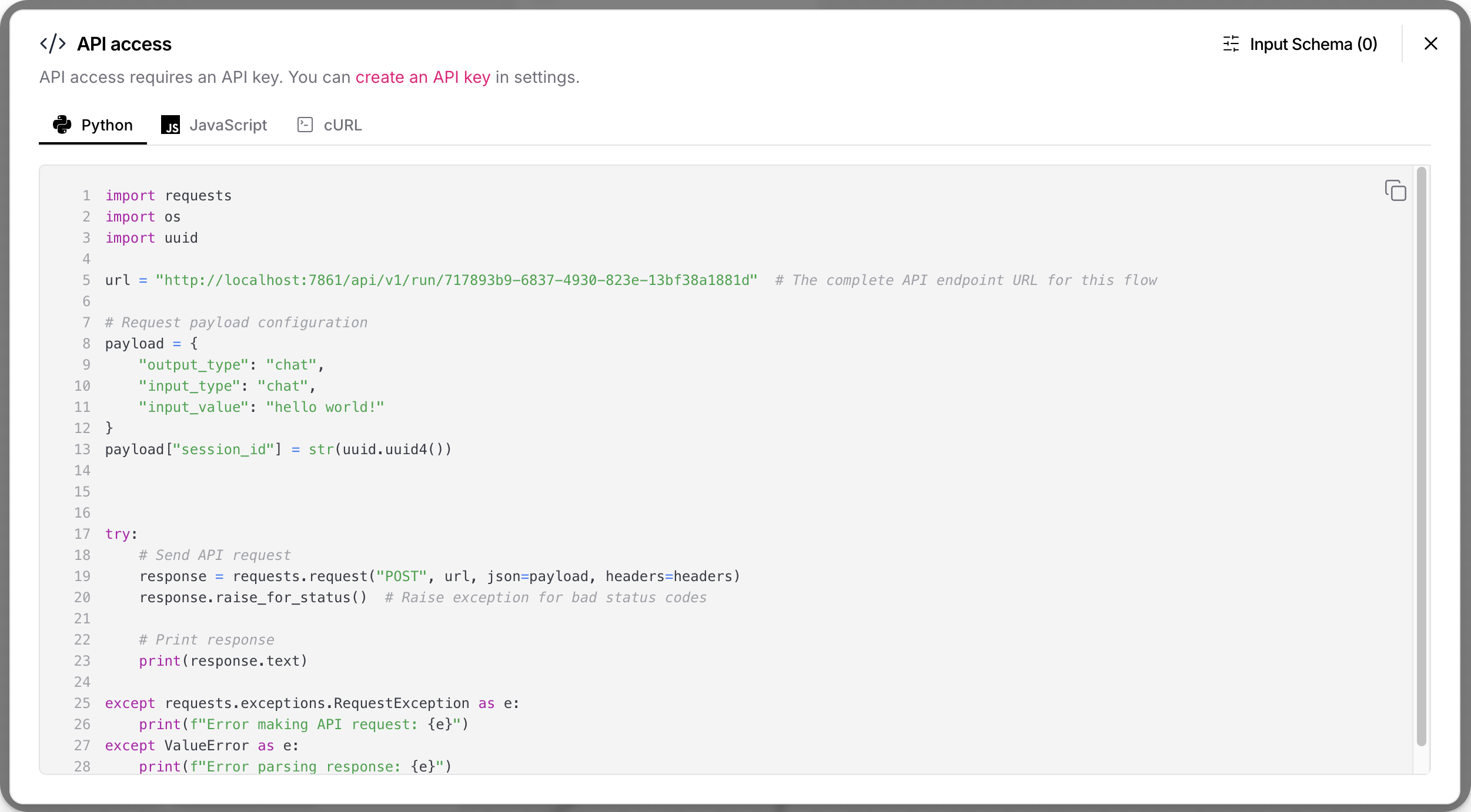 API access pane