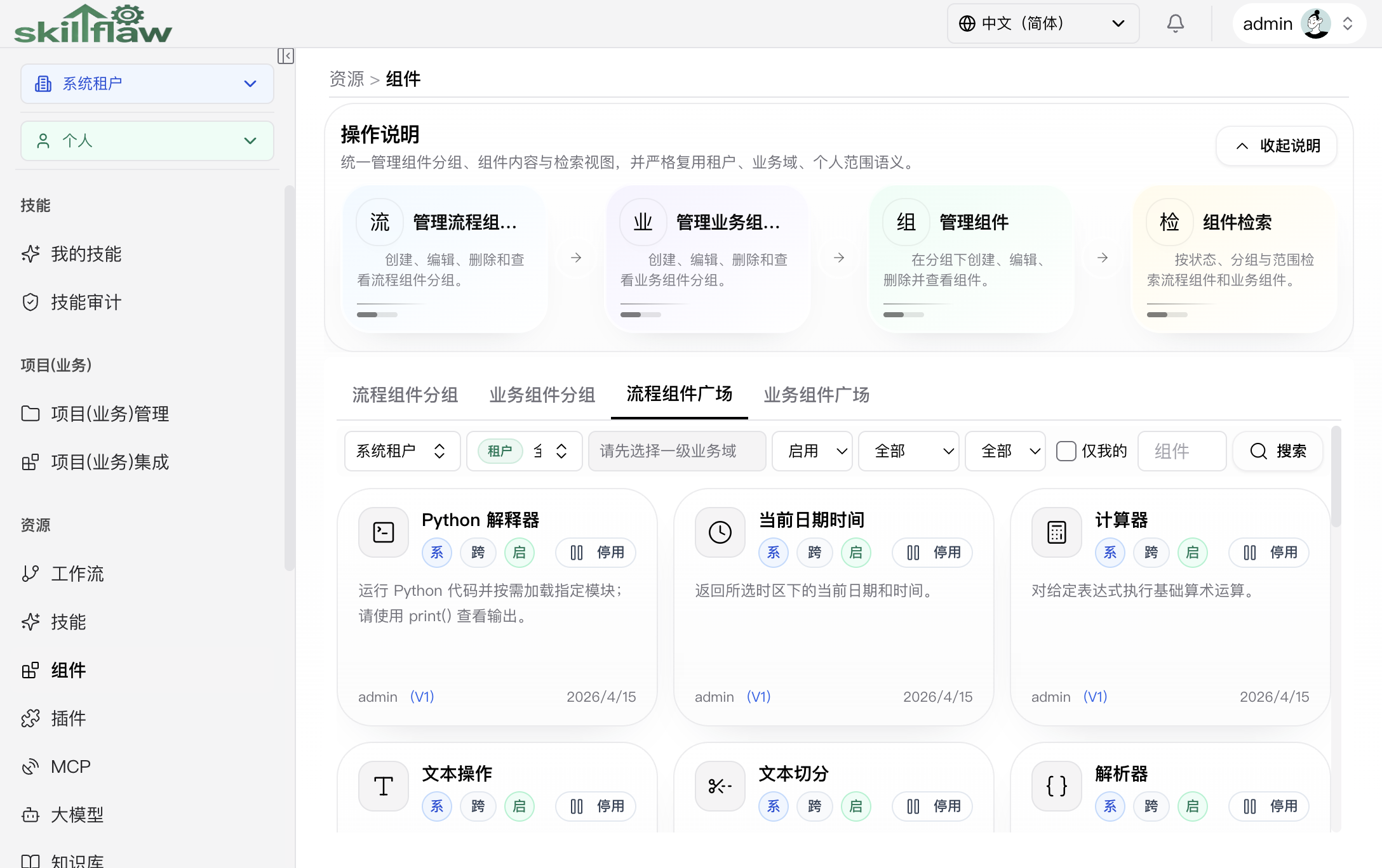流程组件广场页签