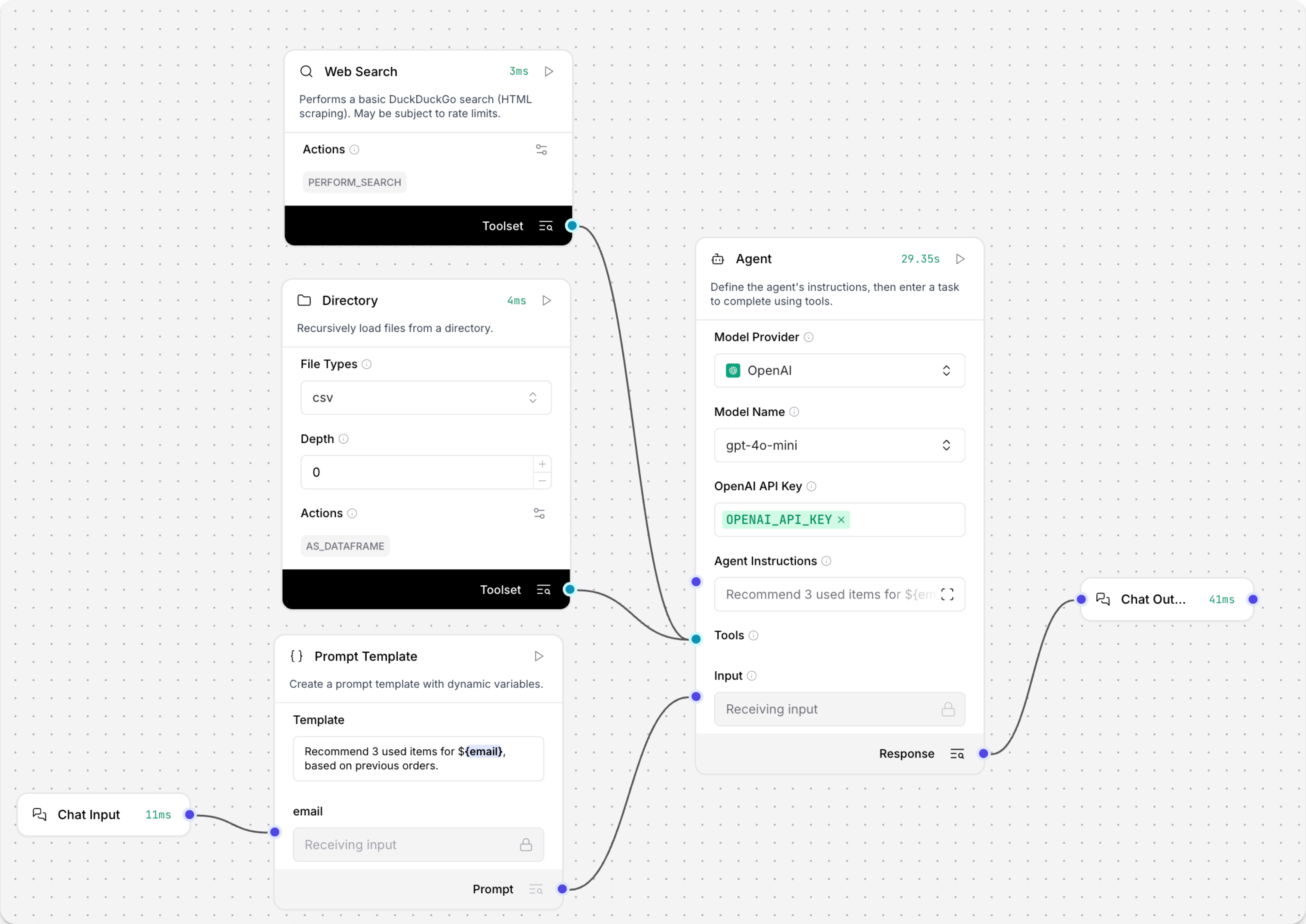 An Agent component connected to Web Search and Directory components as tools
